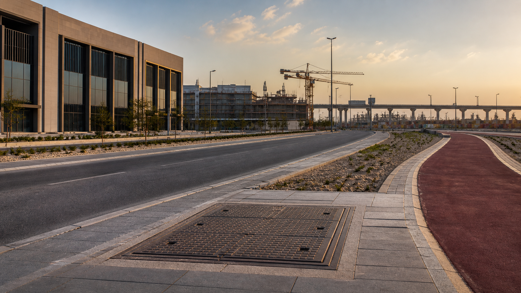 Modern Saudi infrastructure development with utility access cover